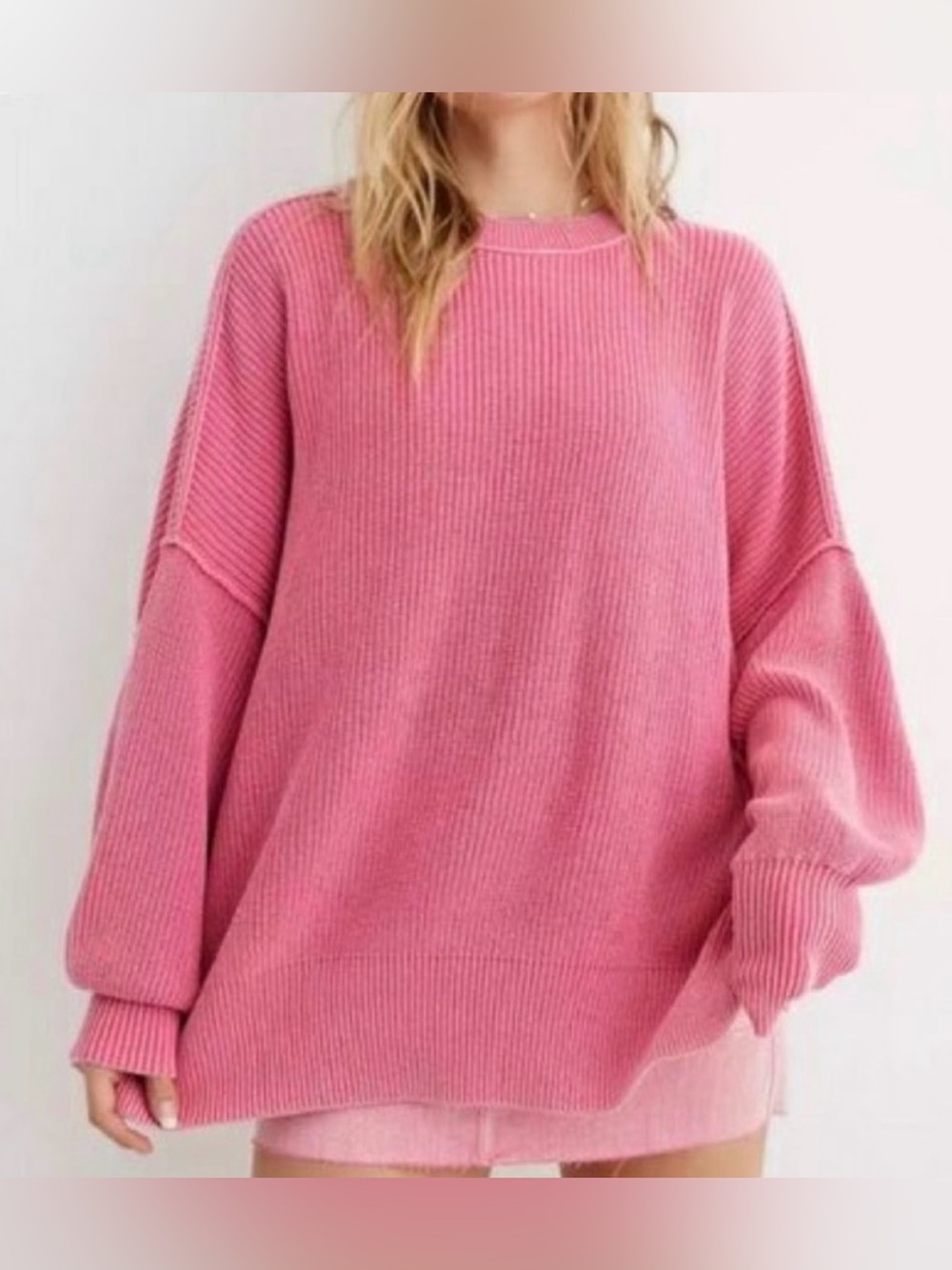 aerie Beyond Pink Ribbed Oversized Crewneck Sweater